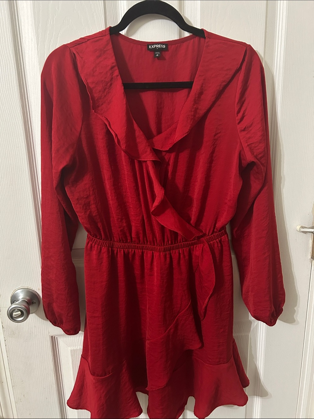 Express Red Ruffle V-Neck Long-Sleeve Mini Dress